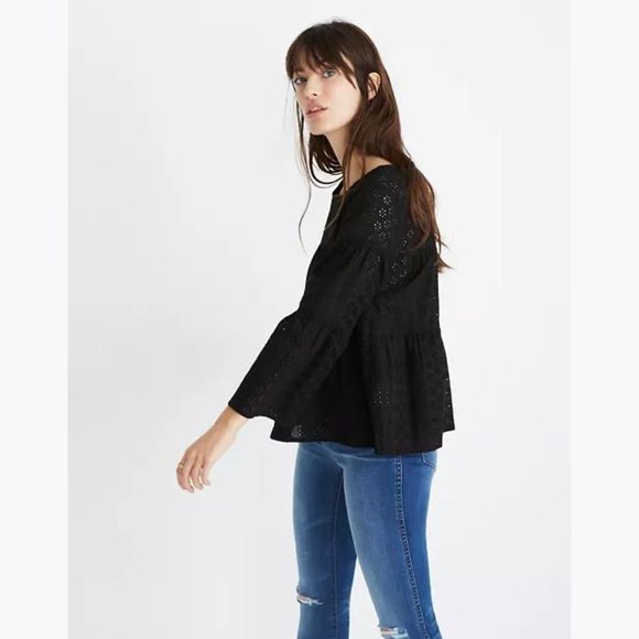 MADEWELL Black Eyelet Tiered Button-Back Top sz XS - Picture 4 of 15